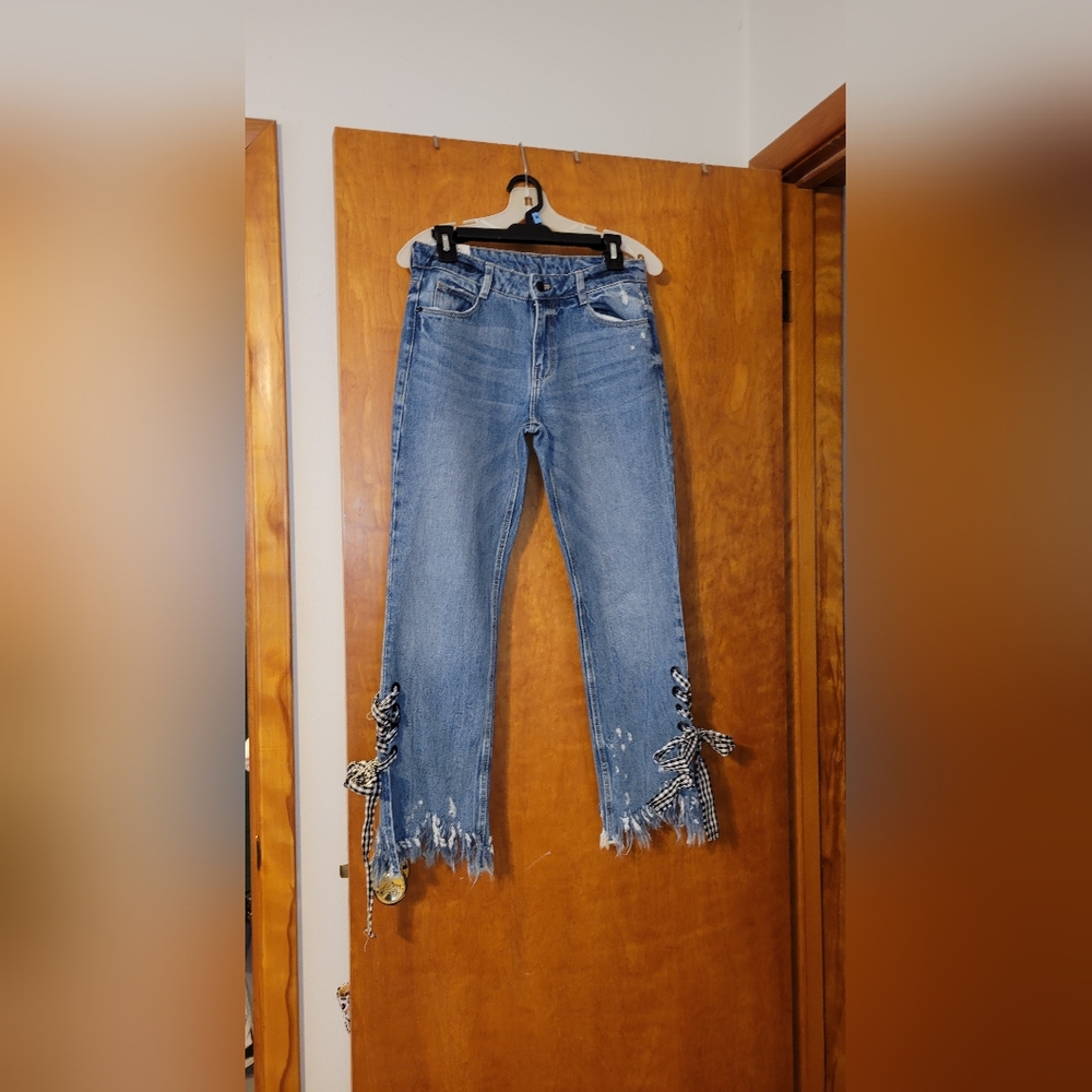 TRF IX'D DENIM MAKERS distressed jeans with ribbon lace up ankles - Picture 2 of 8
